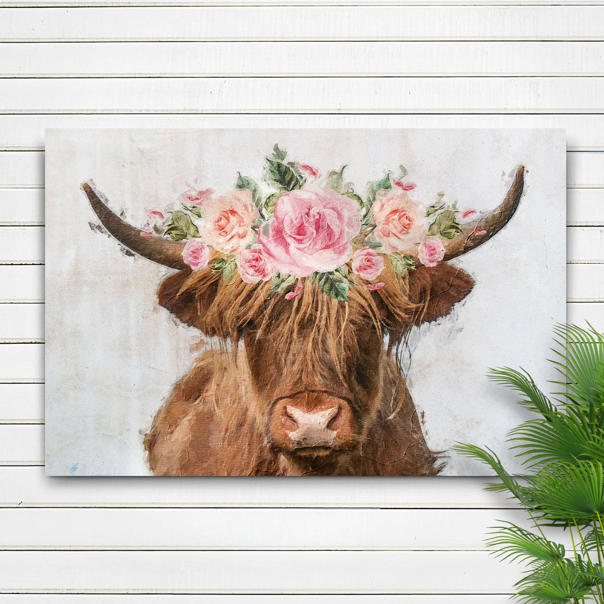 Highland Cow Floral Wreath Canvas Wall Art