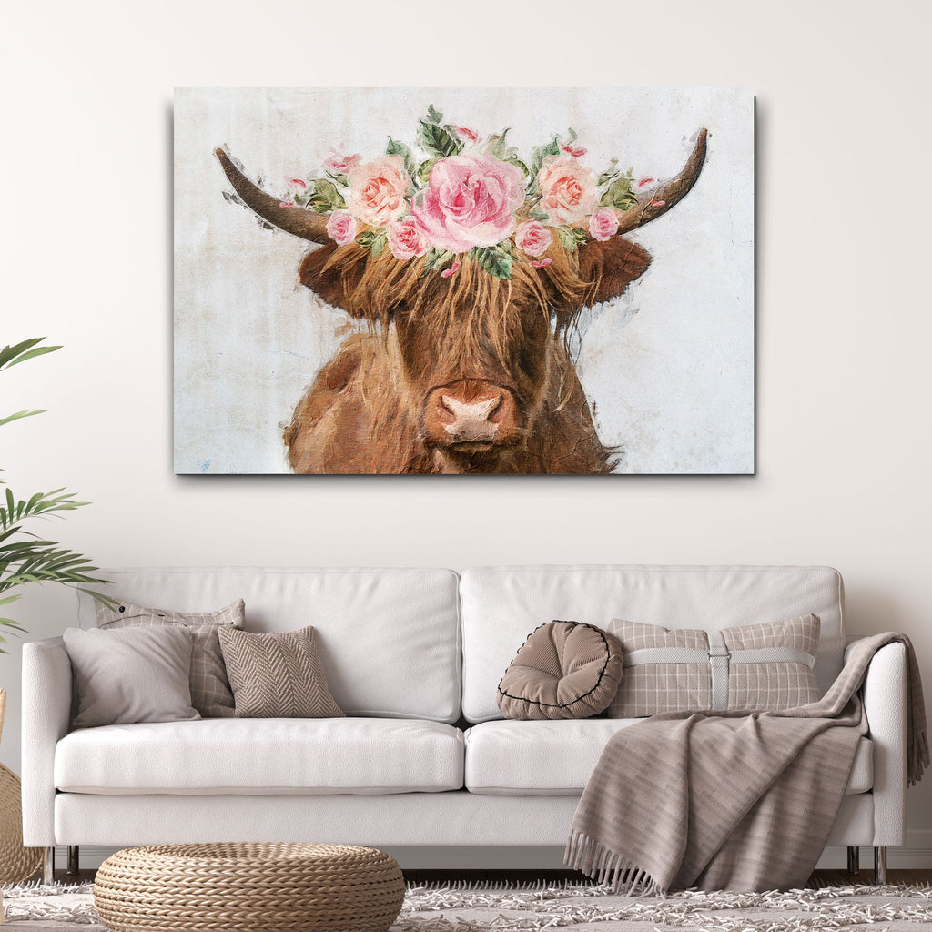 Highland Cow Floral Wreath Canvas Wall Art