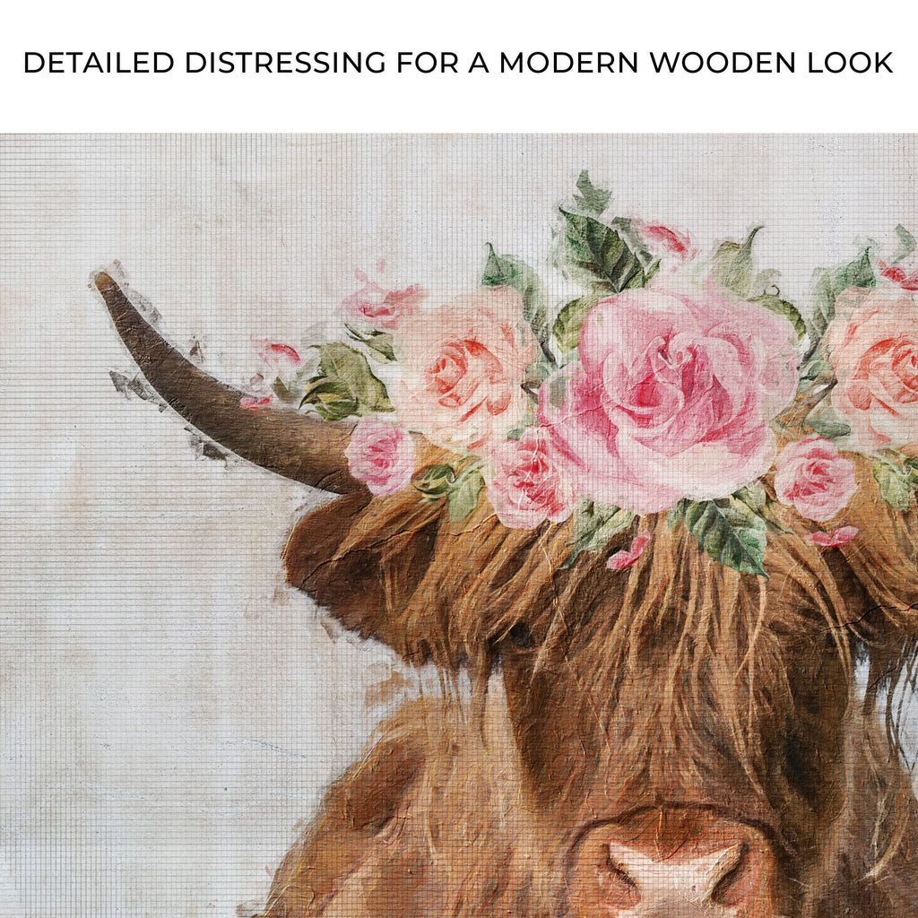 Highland Cow Floral Wreath Canvas Wall Art