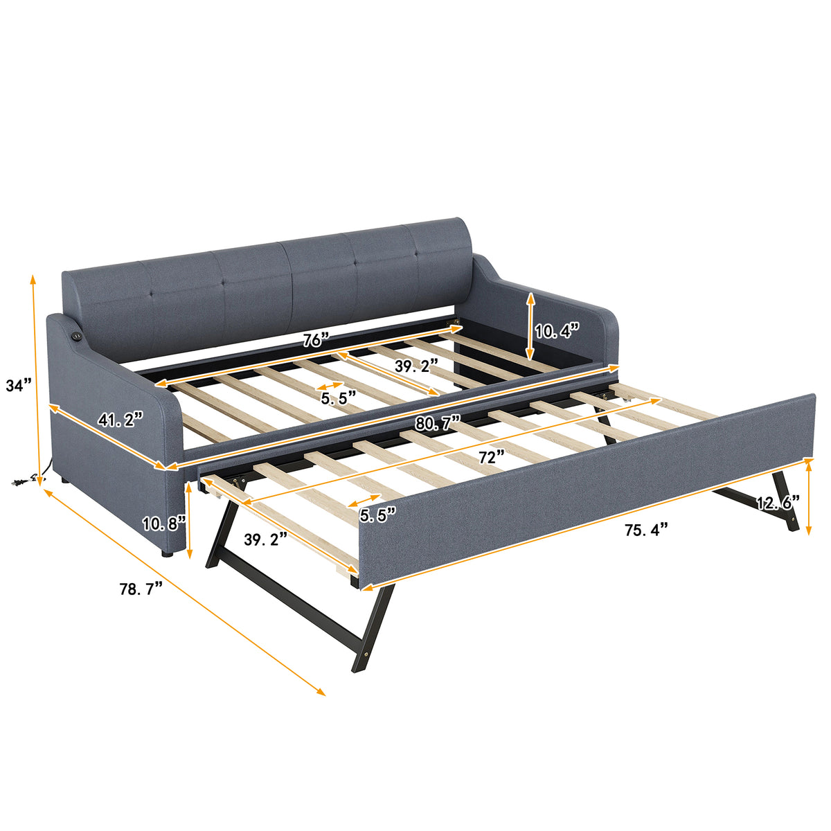 Twin Size Upholstery DayBed with Trundle and USB Charging Design Trundle can be