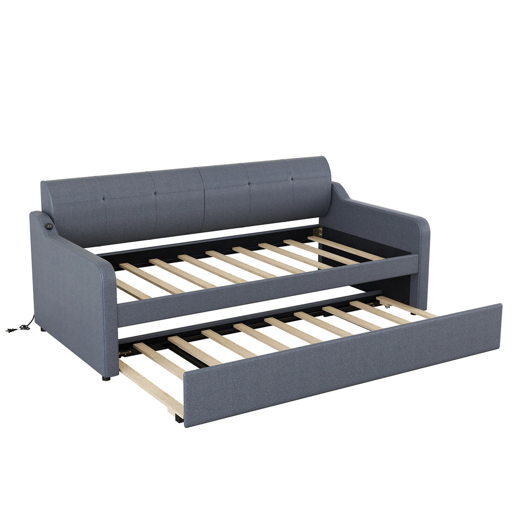 Twin Size Upholstery DayBed with Trundle and USB Charging Design Trundle can be