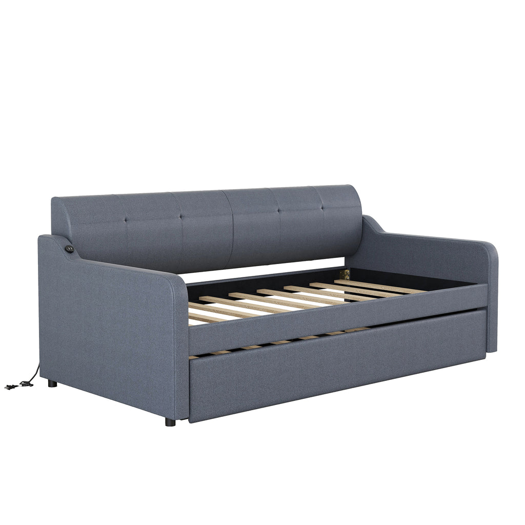 Twin Size Upholstery DayBed with Trundle and USB Charging Design Trundle can be
