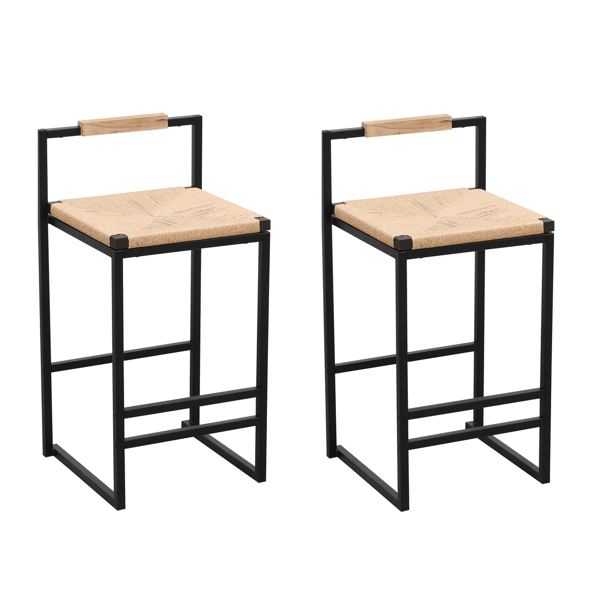 Set of 2 Bar Stools with Back Paper Rope Woven Counter Height Dining Chairs for