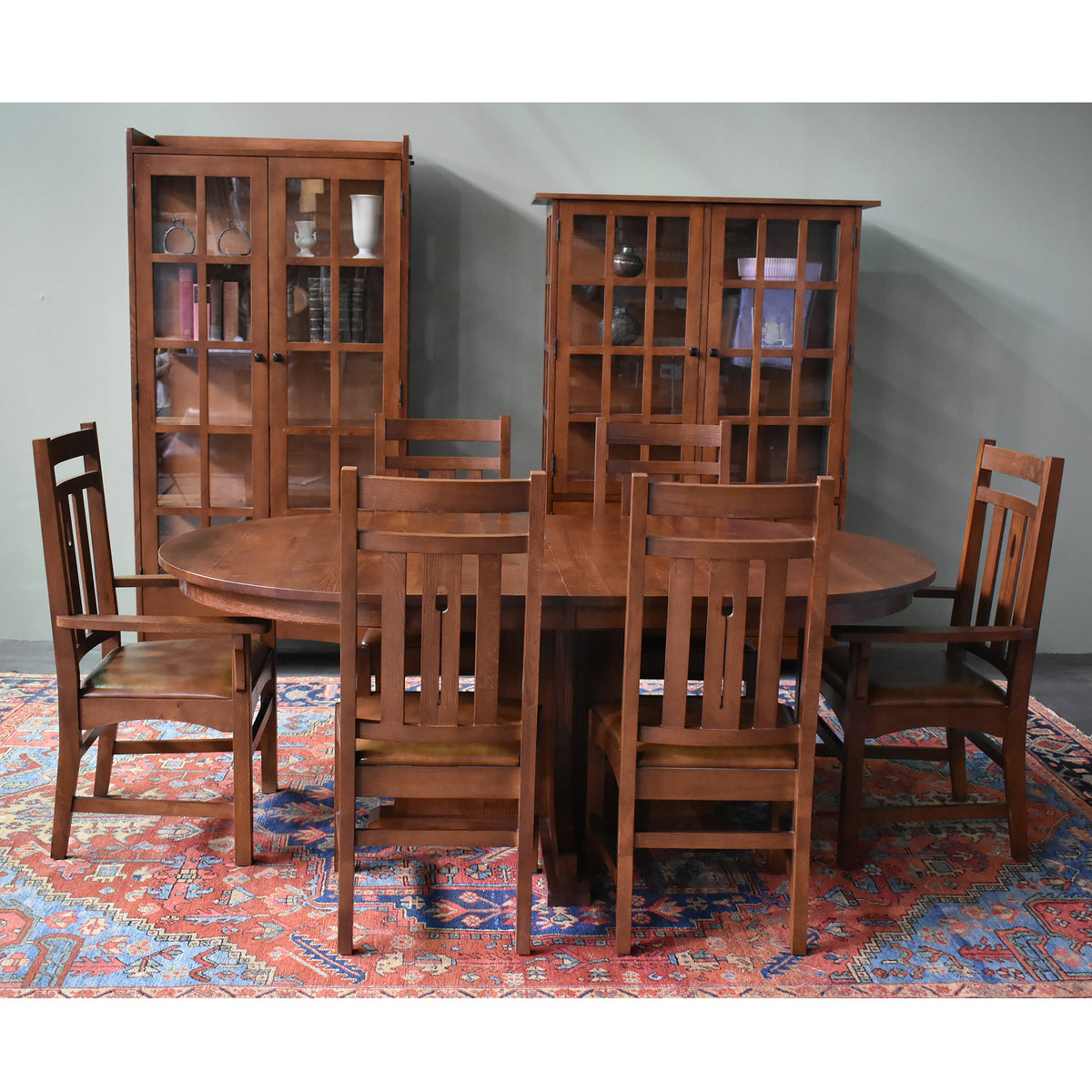 Mission Oak Round Dining Set with Six Chairs