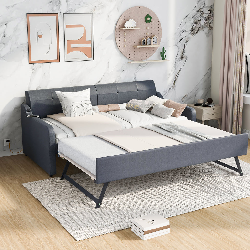 Twin Size Upholstery DayBed with Trundle and USB Charging Design Trundle can be
