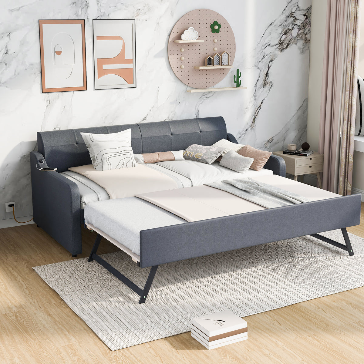 Twin Size Upholstery DayBed with Trundle and USB Charging Design Trundle can be
