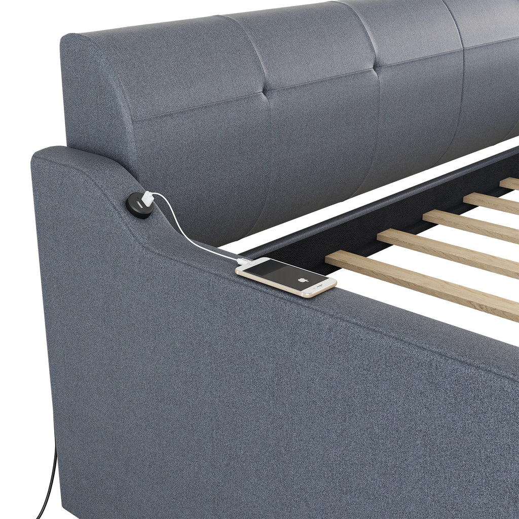 Twin Size Upholstery DayBed with Trundle and USB Charging Design Trundle can be