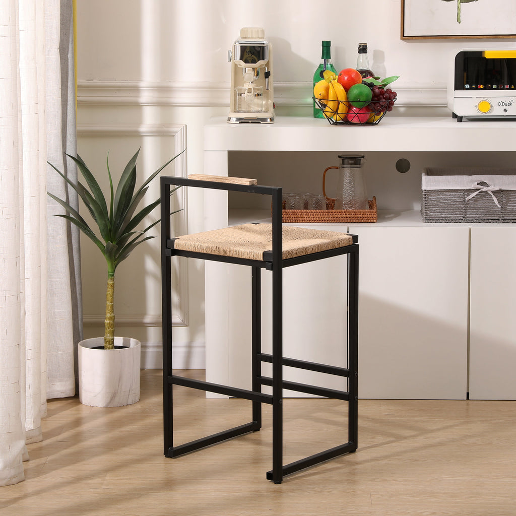 Set of 2 Bar Stools with Back Paper Rope Woven Counter Height Dining Chairs for