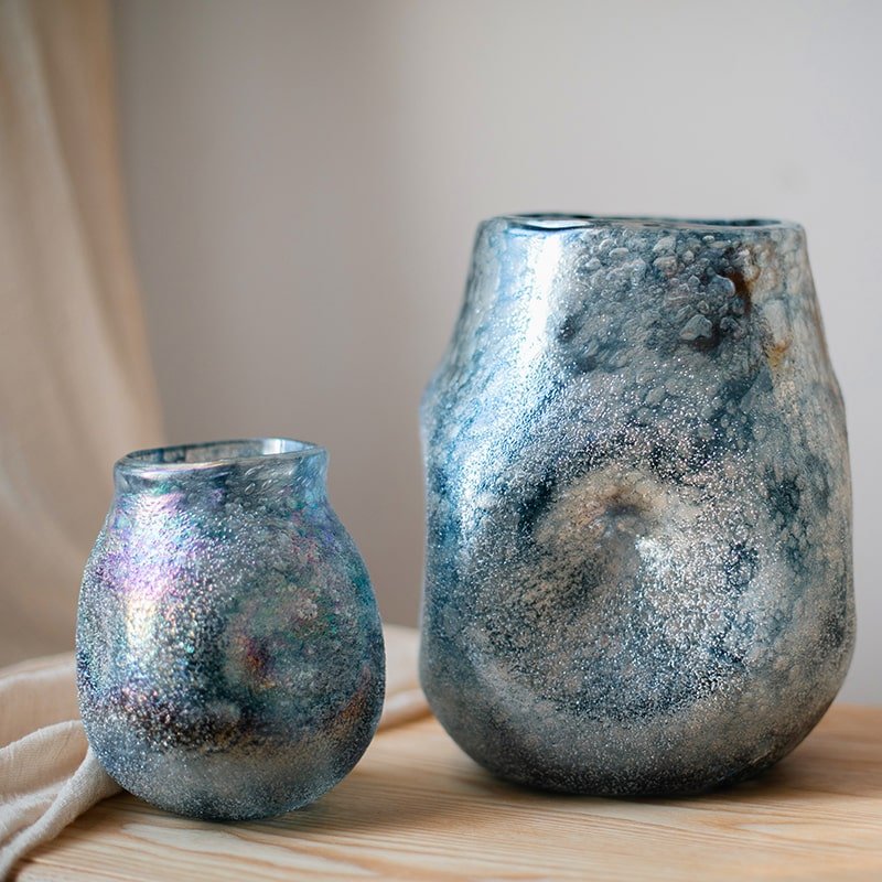 Blue Bubble Hand-Blown Glass Vase