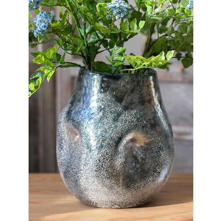 Blue Bubble Hand-Blown Glass Vase