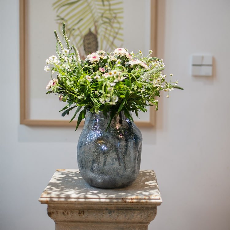 Blue Bubble Hand-Blown Glass Vase