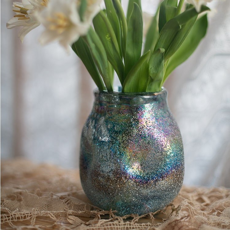 Blue Bubble Hand-Blown Glass Vase