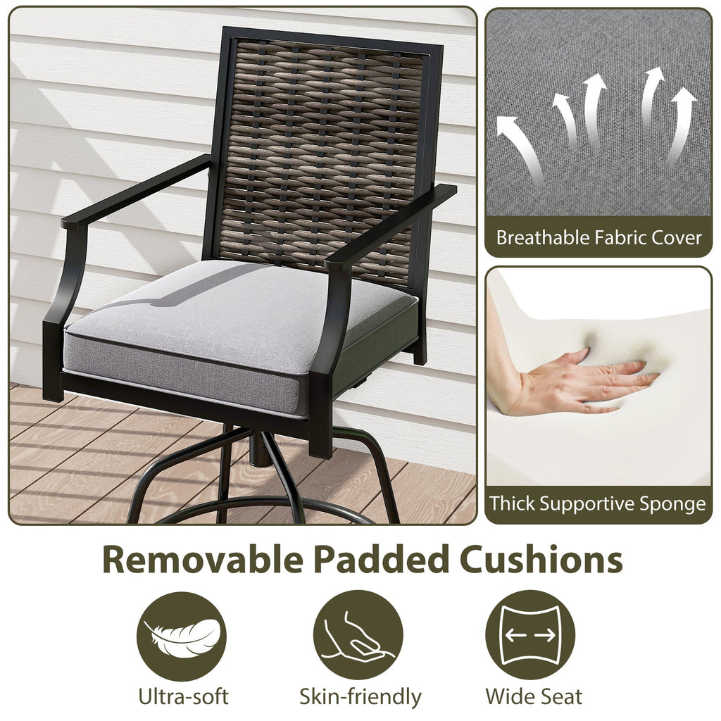 Outdoor PE Wicker Swivel Bar Stools Set of 2 Counter Height Patio Chairs with