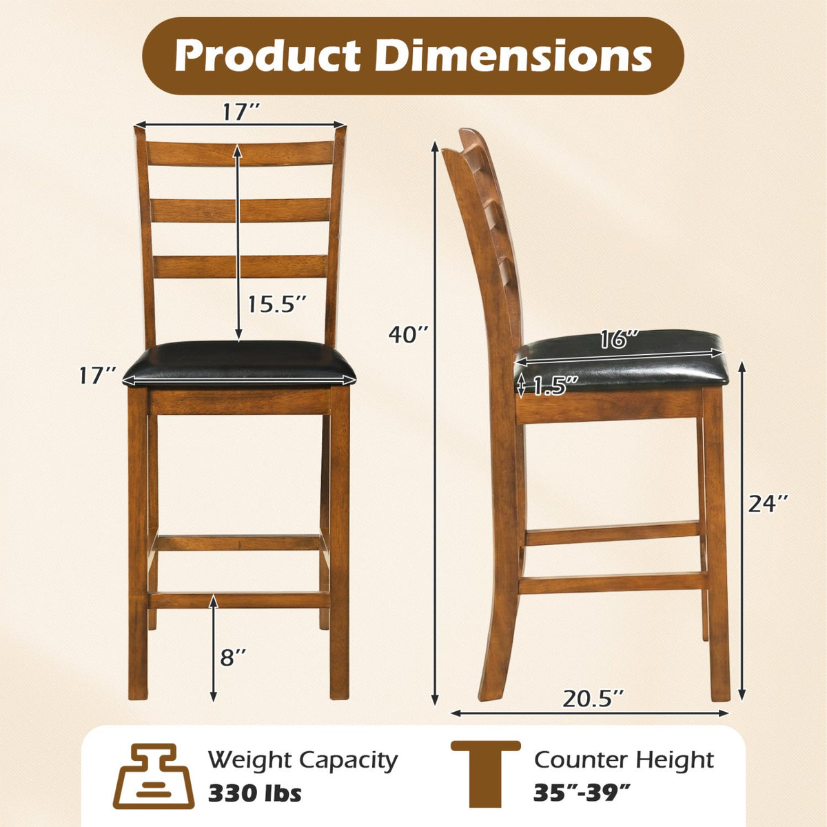 Rubber Wood Ladder Back Bar Stools Set of 2 24inch Counter Height Kitchen Island