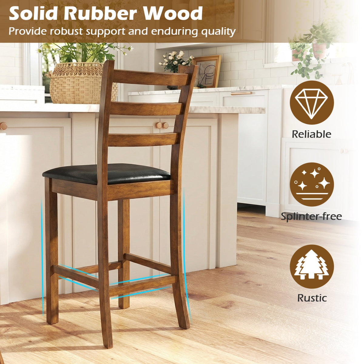 Rubber Wood Ladder Back Bar Stools Set of 2 24inch Counter Height Kitchen Island