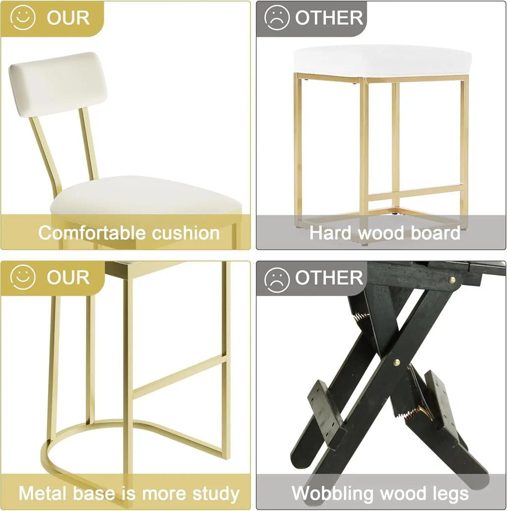 2Pcs Counter Height Bar Stools Set with Back Metal Frame & Upholstered Seat Tall