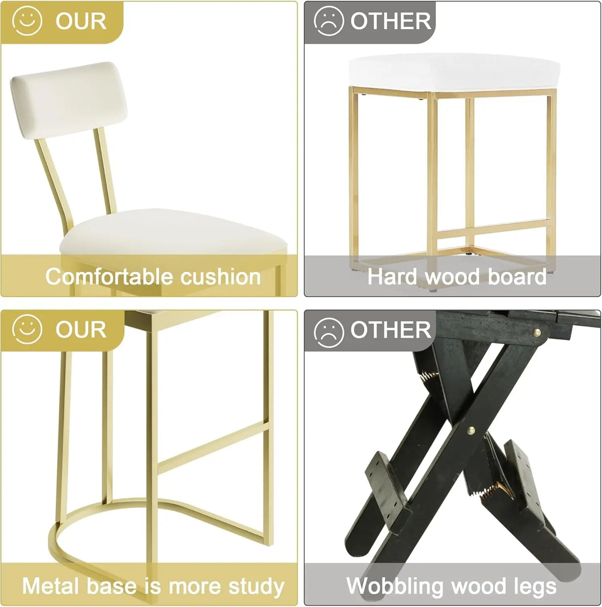 2Pcs Counter Height Bar Stools Set with Back Metal Frame & Upholstered Seat Tall