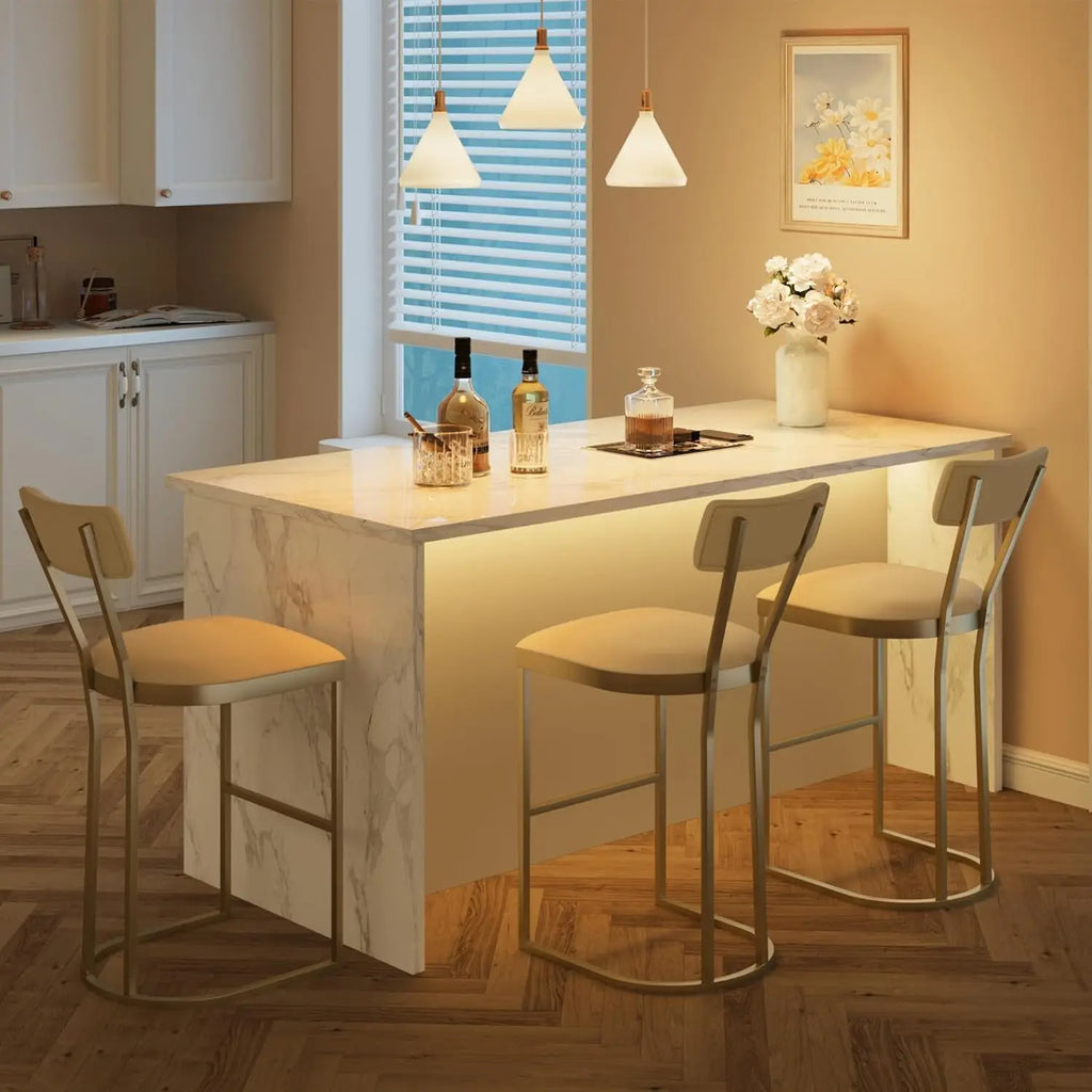 2Pcs Counter Height Bar Stools Set with Back Metal Frame & Upholstered Seat Tall