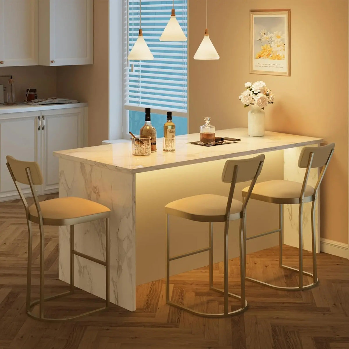 2Pcs Counter Height Bar Stools Set with Back Metal Frame & Upholstered Seat Tall