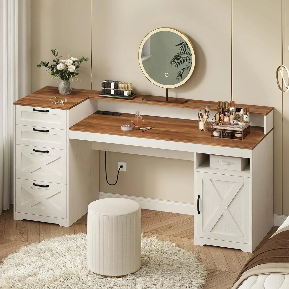 Farmhouse Desk with Drawers & Monitor Stand