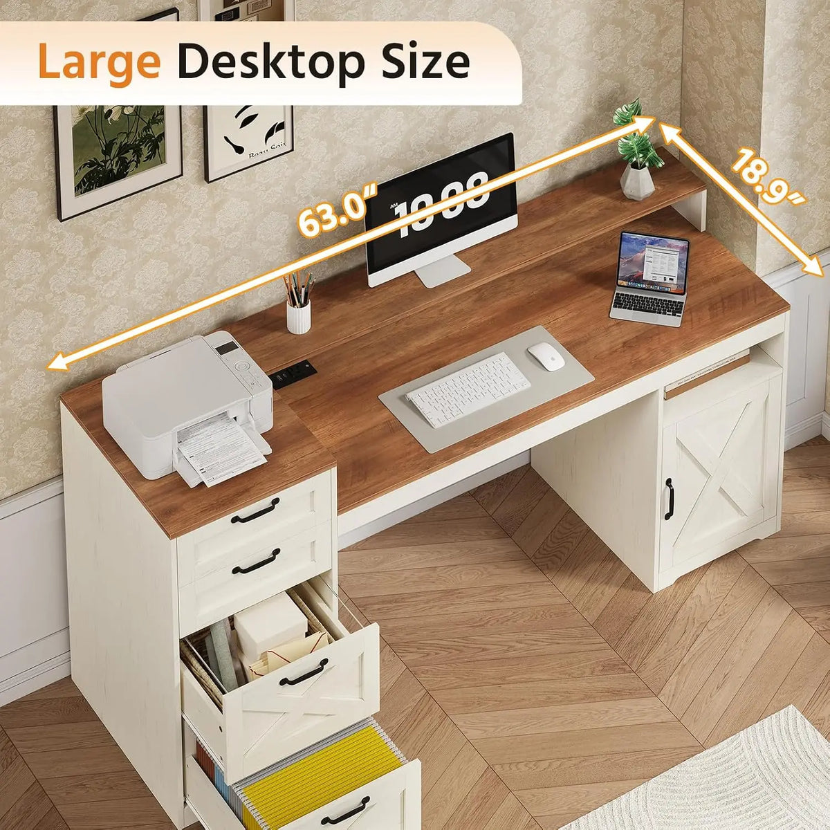 Farmhouse Desk with Drawers & Monitor Stand