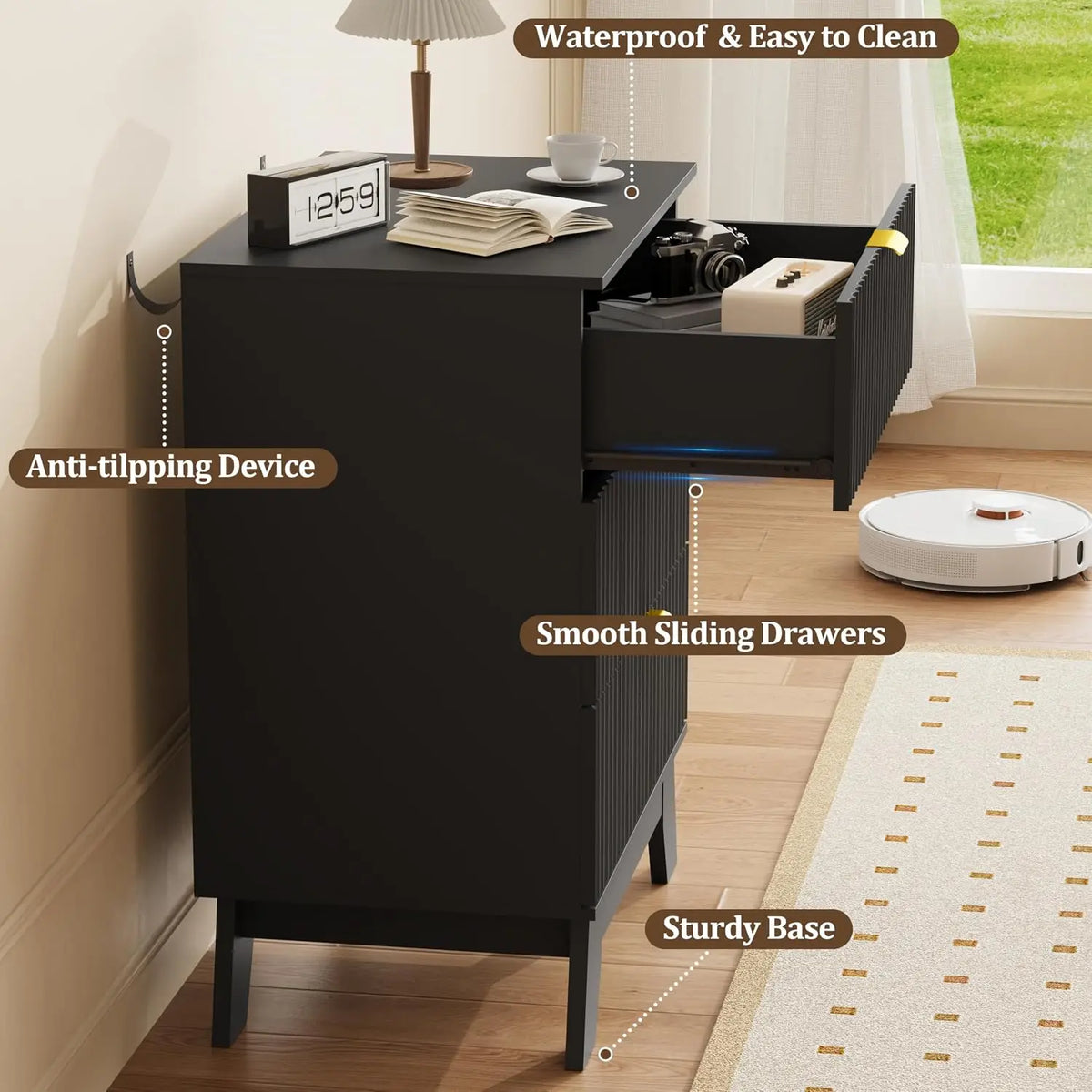 Fluted Three-Drawer Nightstand Set