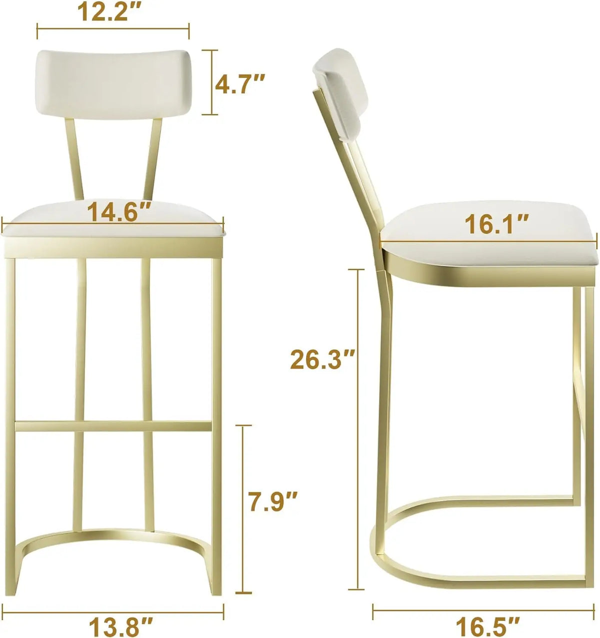 2Pcs Counter Height Bar Stools Set with Back Metal Frame & Upholstered Seat Tall