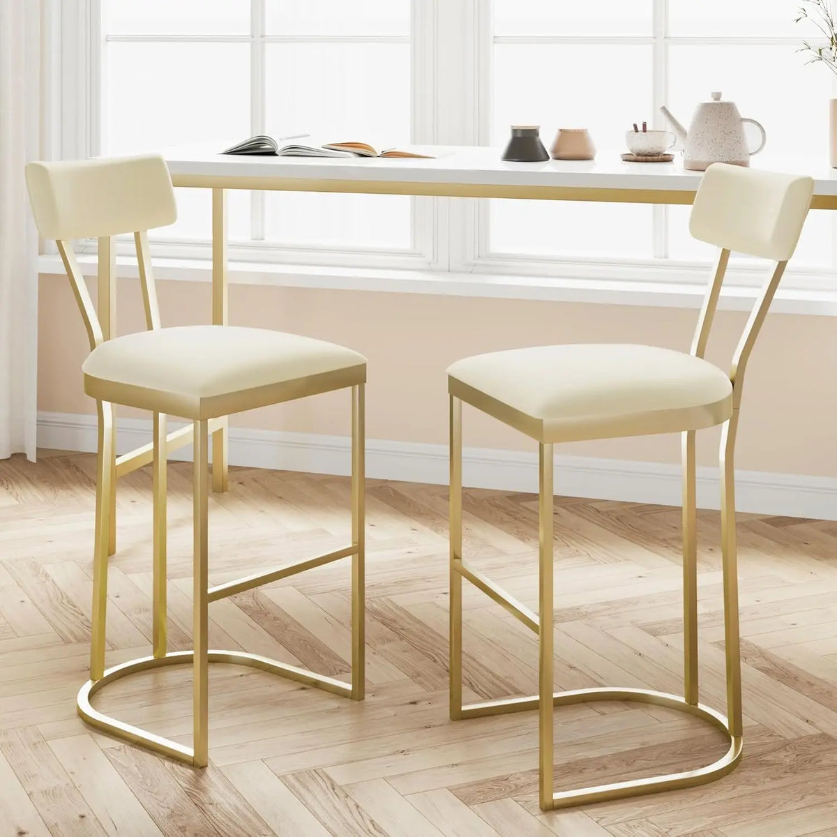 2Pcs Counter Height Bar Stools Set with Back Metal Frame & Upholstered Seat Tall