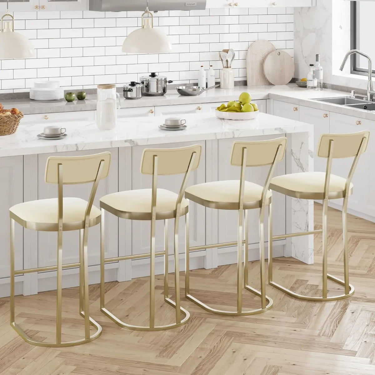 2Pcs Counter Height Bar Stools Set with Back Metal Frame & Upholstered Seat Tall