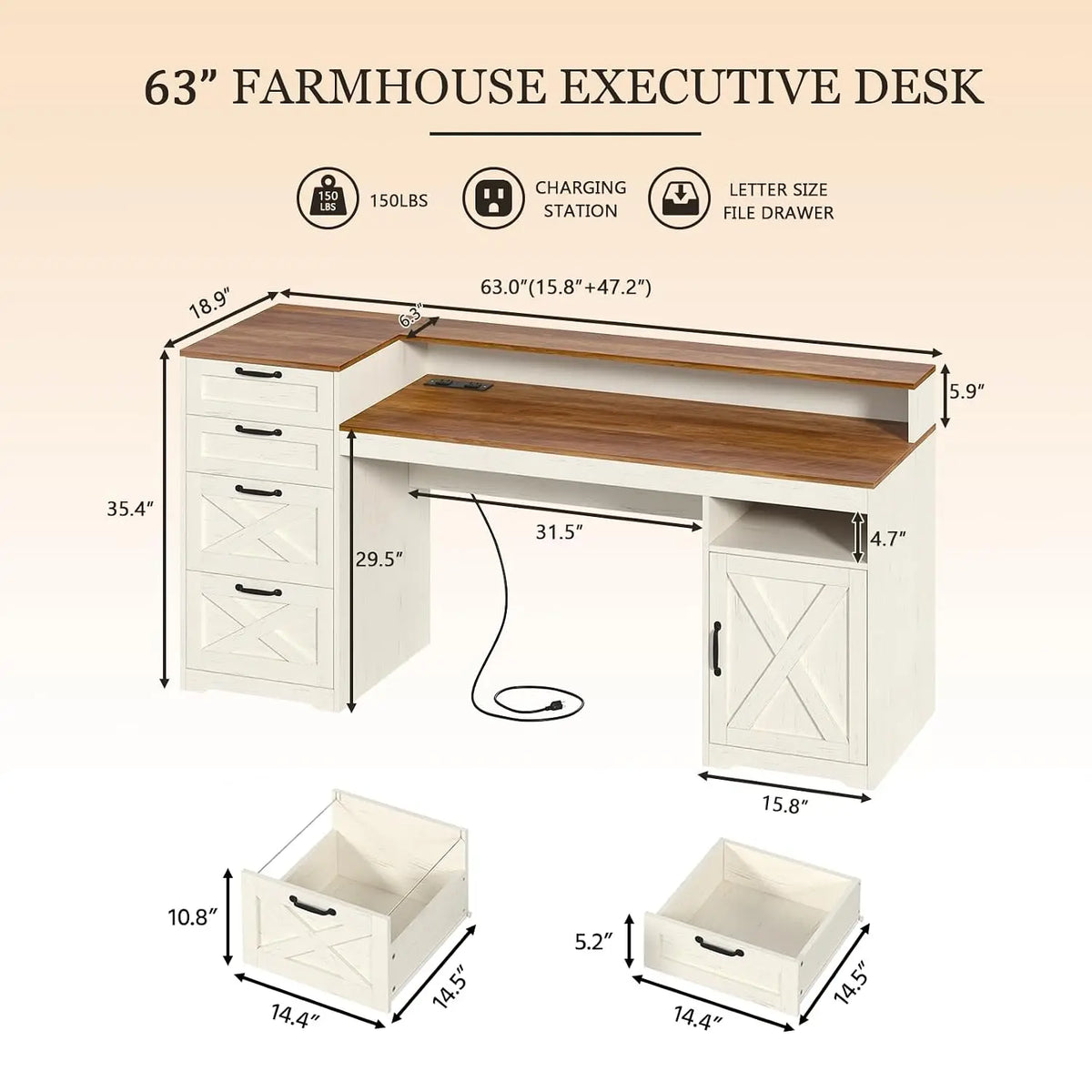 Farmhouse Desk with Drawers & Monitor Stand