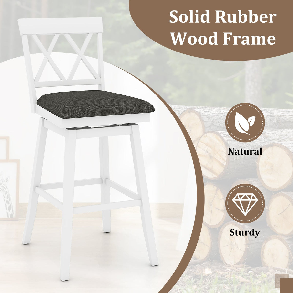 Set of 2 Swivel Bar Stools Counter Height Barstools with Backrest Upholstered Seat