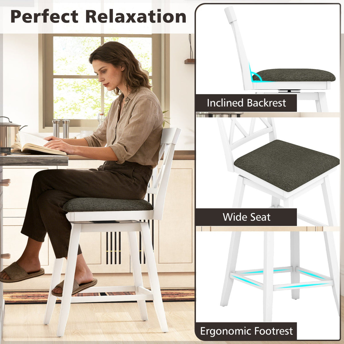 Set of 2 Swivel Bar Stools Counter Height Barstools with Backrest Upholstered Seat