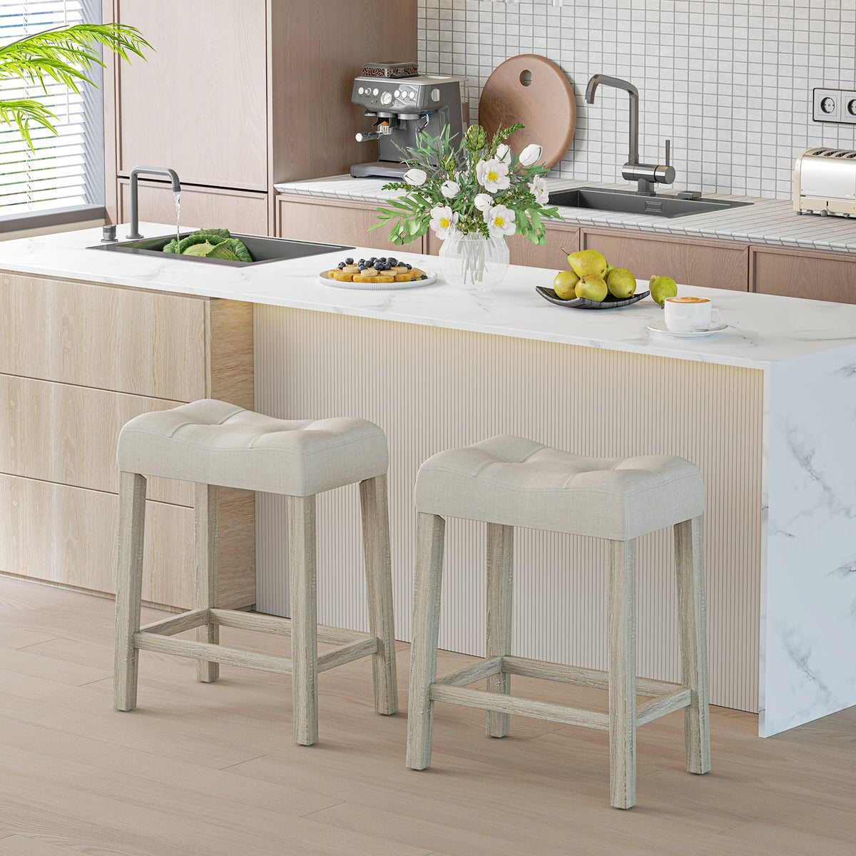 Set of 2 Upholstered Counter Height Bar Stool with Curved Saddle-Seat