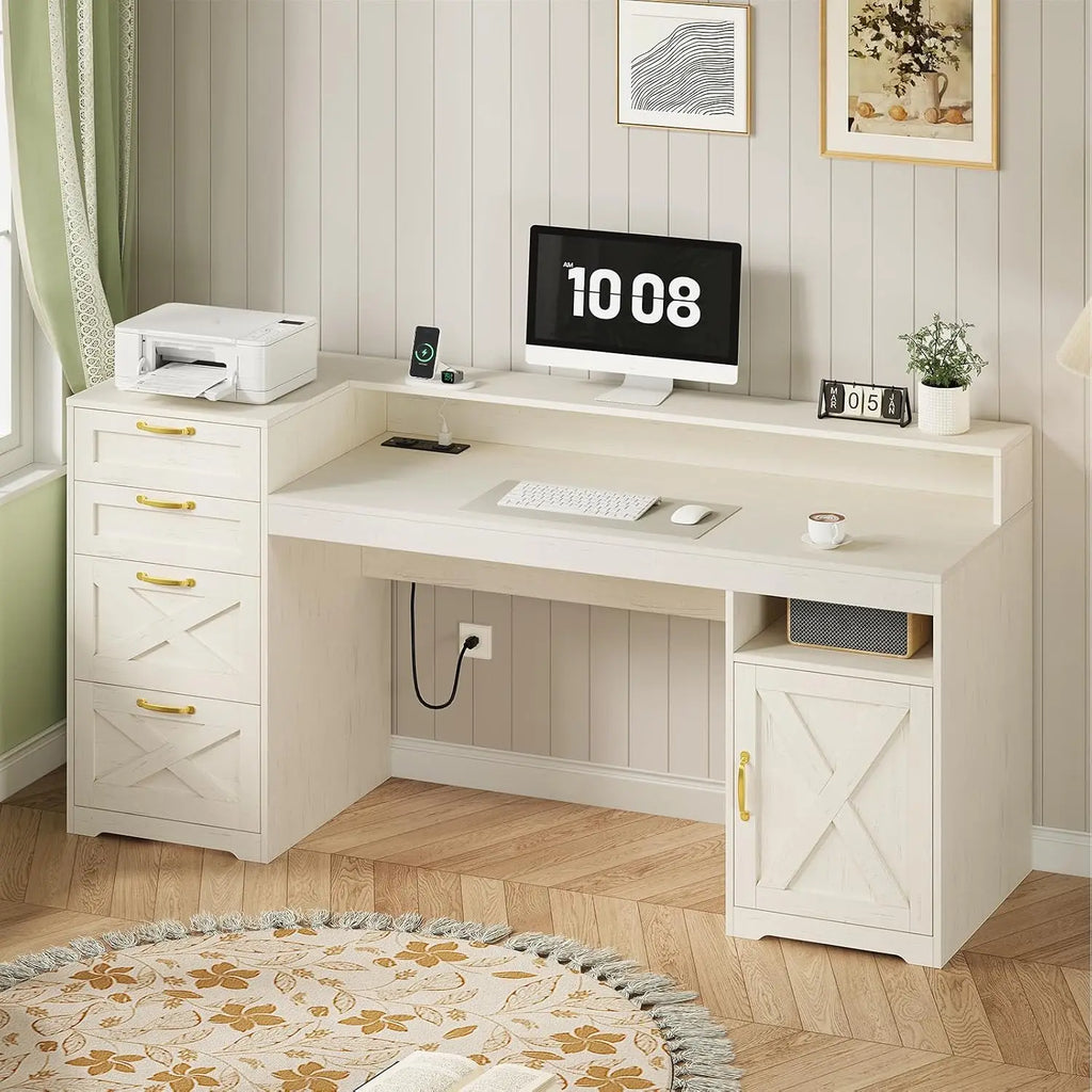 Farmhouse Desk with Drawers & Monitor Stand