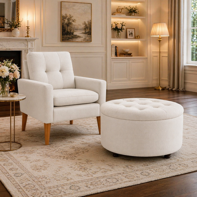White Accent Chair & Storage Ottoman Set
