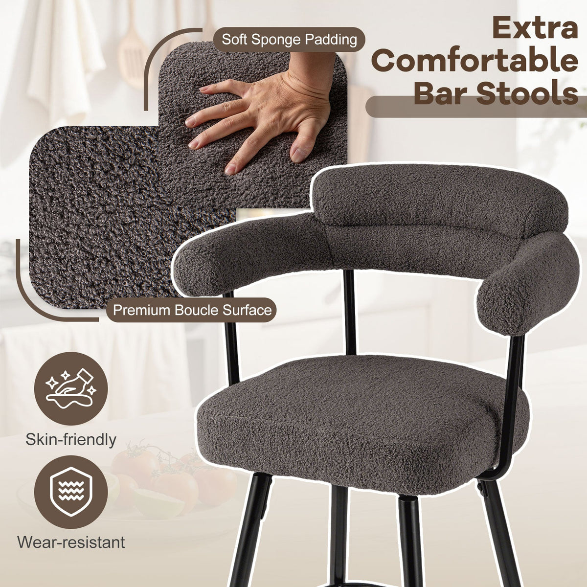 Swivel Bar Stool Set of 2 Counter Height Chairs with Curved Back and Arms