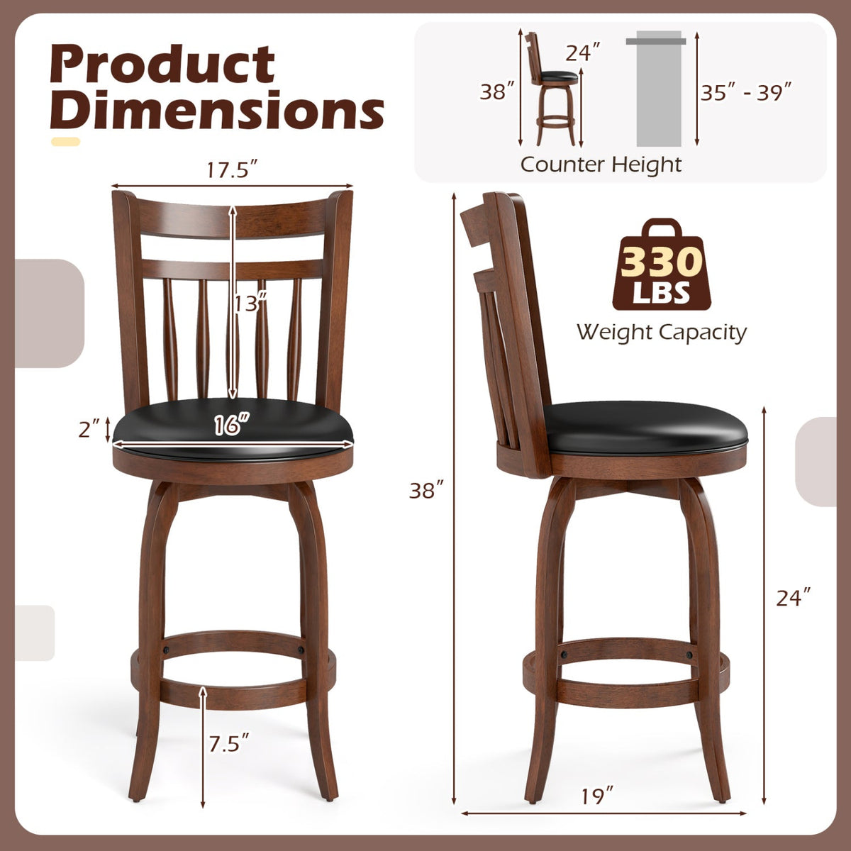 Swivel Bar Stools Set of 2 Counter Height Faux Leather Upholstered Barstools