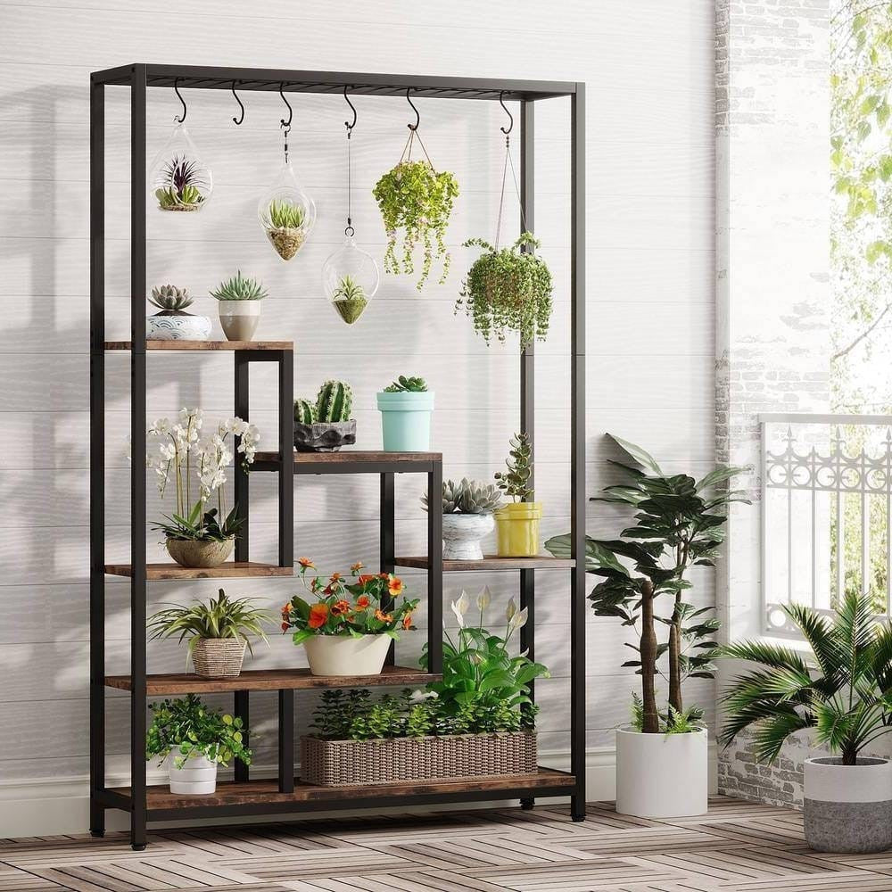 Metal & Wood Plant Stand with 10 Hooks