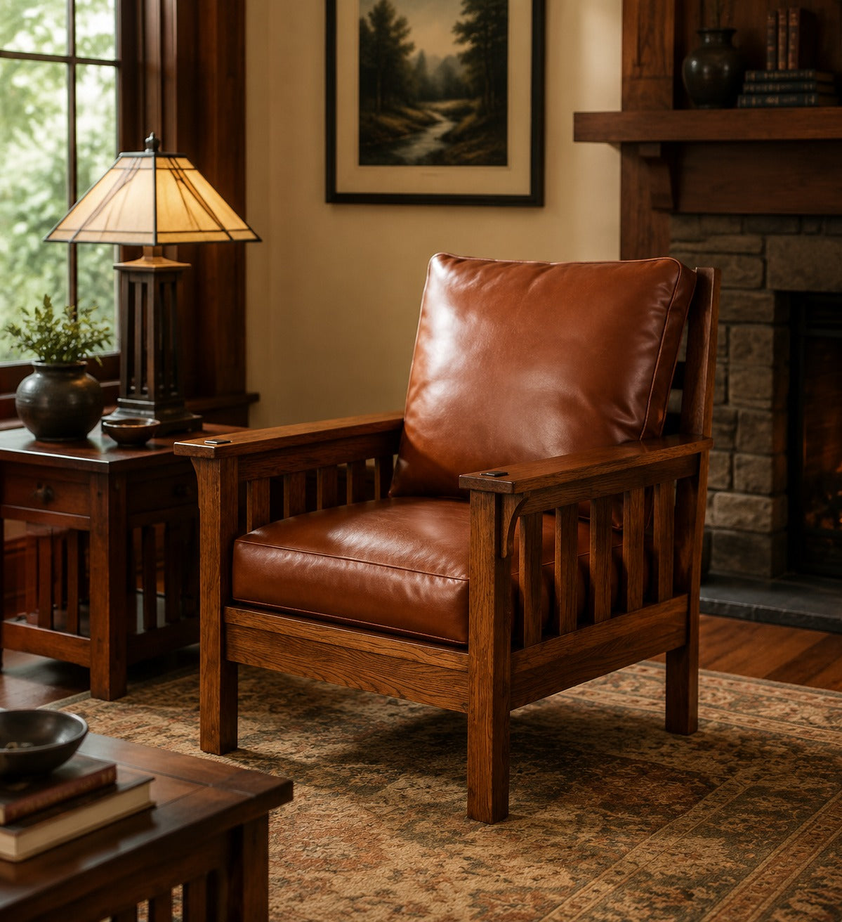 Russet Brown Craftsman Leather & Oak Armchair