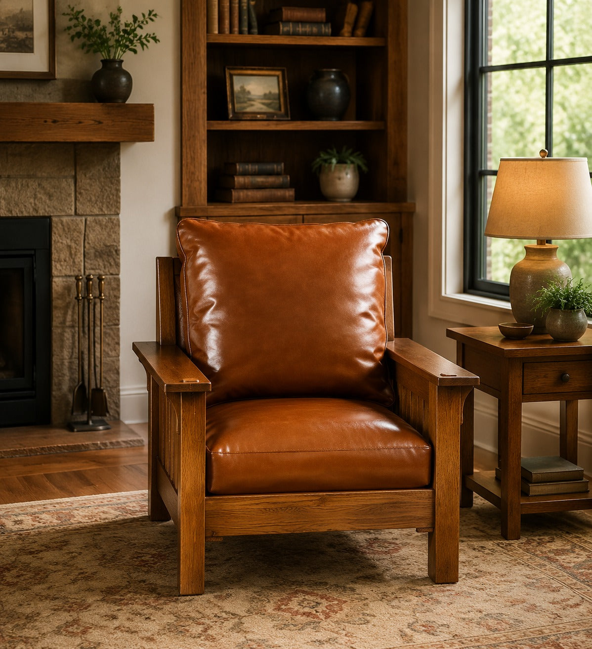 Russet Brown Craftsman Leather & Oak Armchair