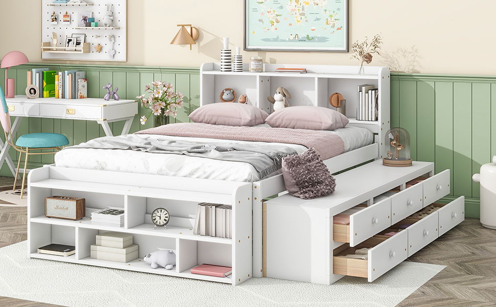 Storage Bed with Bookcase Headboard & Drawers