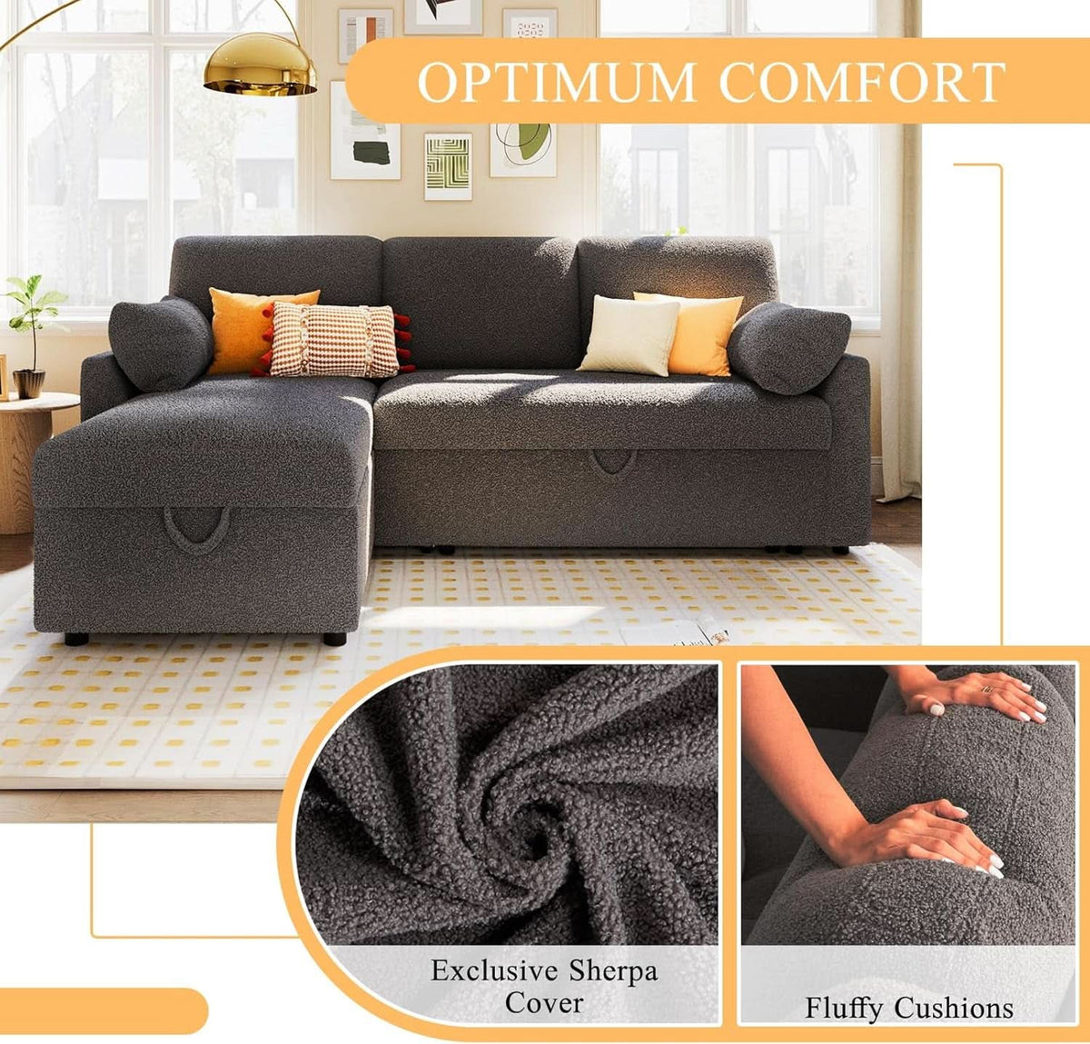 Grey Boucle Upholstered Convertible Sofa Bed Storage