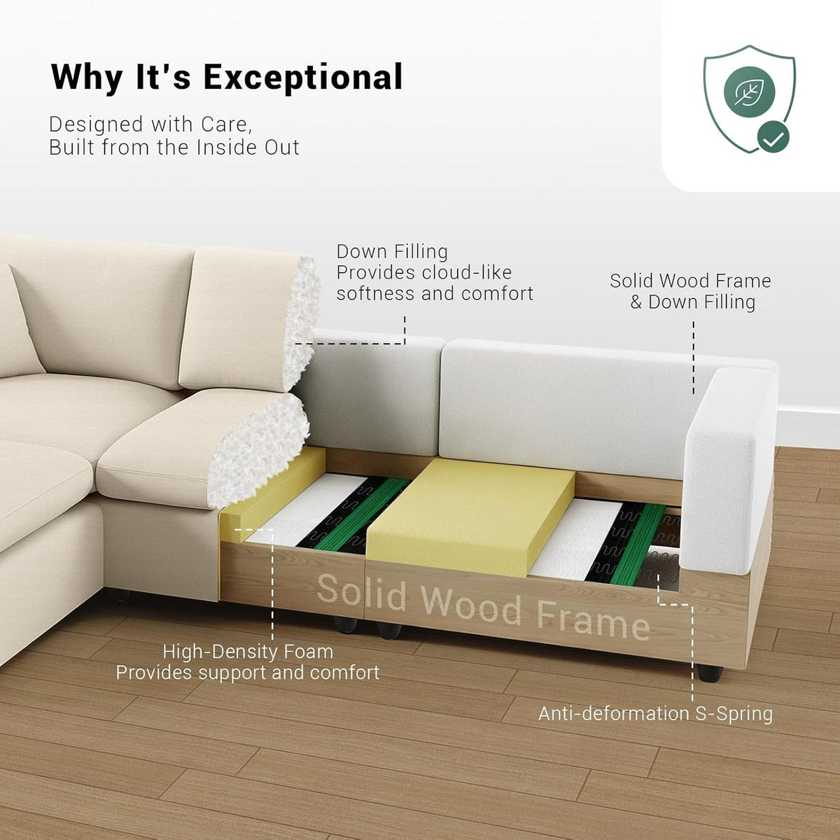 Khaki 68Inch Deep Overstuffed Modular Sectional Sofa