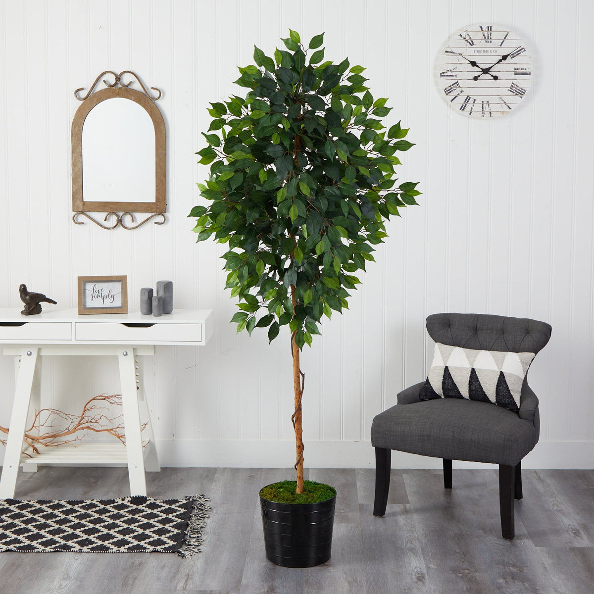 74-Inch Faux Ficus Tree in Black Planter