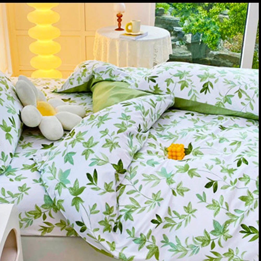 2/3pcs Set Green Flower Print Duvet Cover with Pillow Case Nordic Comforter Bedding