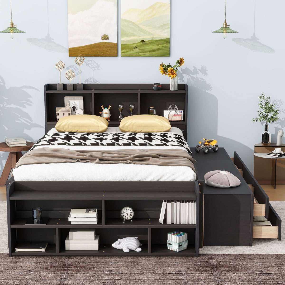 Storage Bed with Bookcase Headboard & Drawers