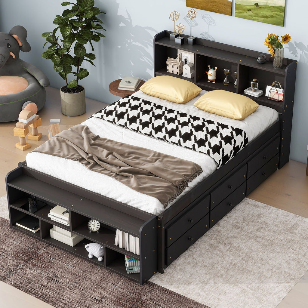 Storage Bed with Bookcase Headboard & Drawers