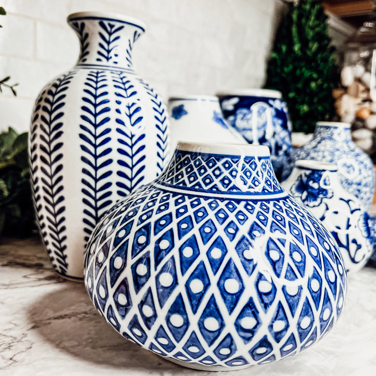 Blue Porcelain Plant Vases Set, Modern Indoor Decorative Planters For Home