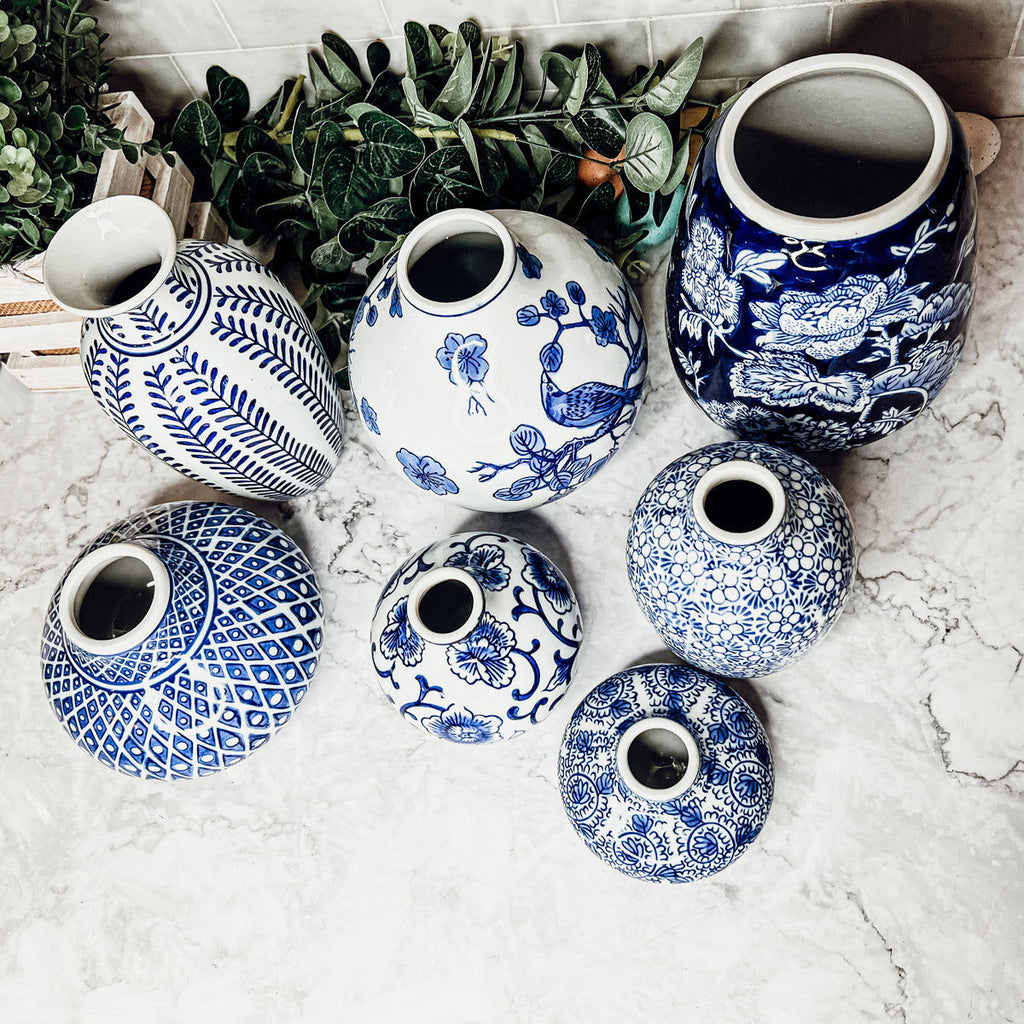 Blue Porcelain Plant Vases Set, Modern Indoor Decorative Planters For Home