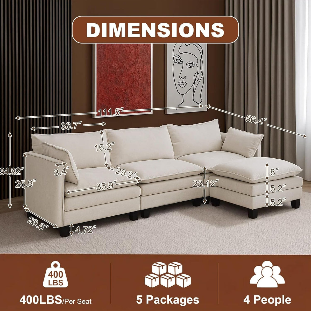 111-Inch Beige Modular Sectional Sofa